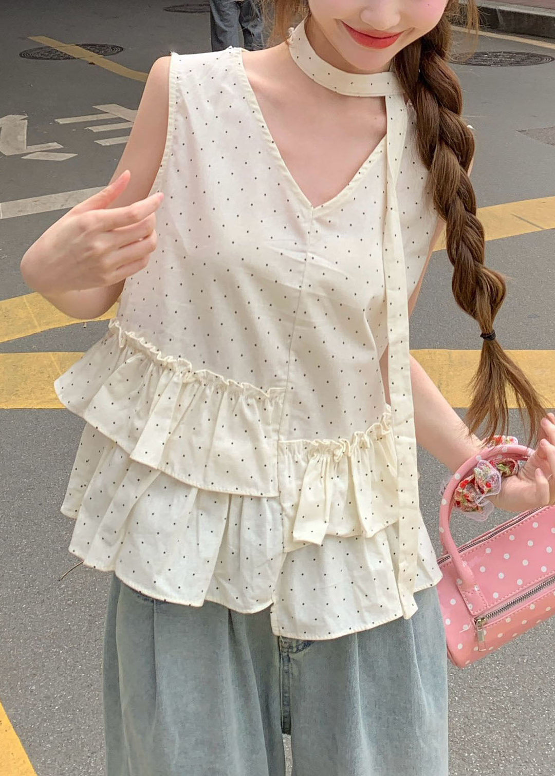 Stylish Beige Ruffled Print Cotton Tank Tops Sleeveless