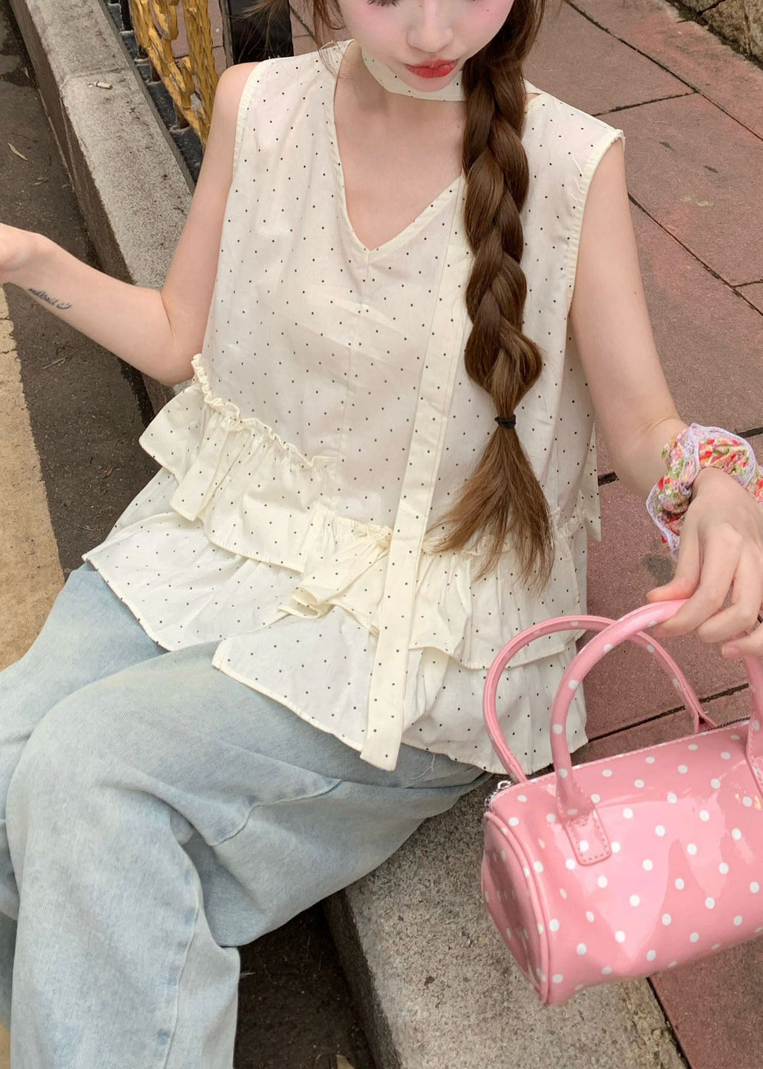 Stylish Beige Ruffled Print Cotton Tank Tops Sleeveless