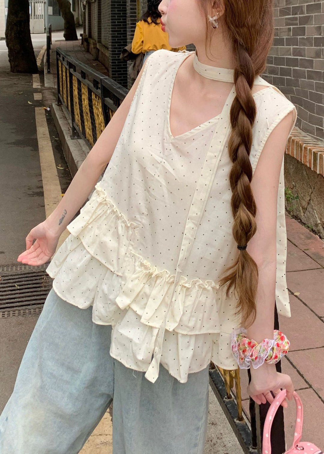 Stylish Beige Ruffled Print Cotton Tank Tops Sleeveless