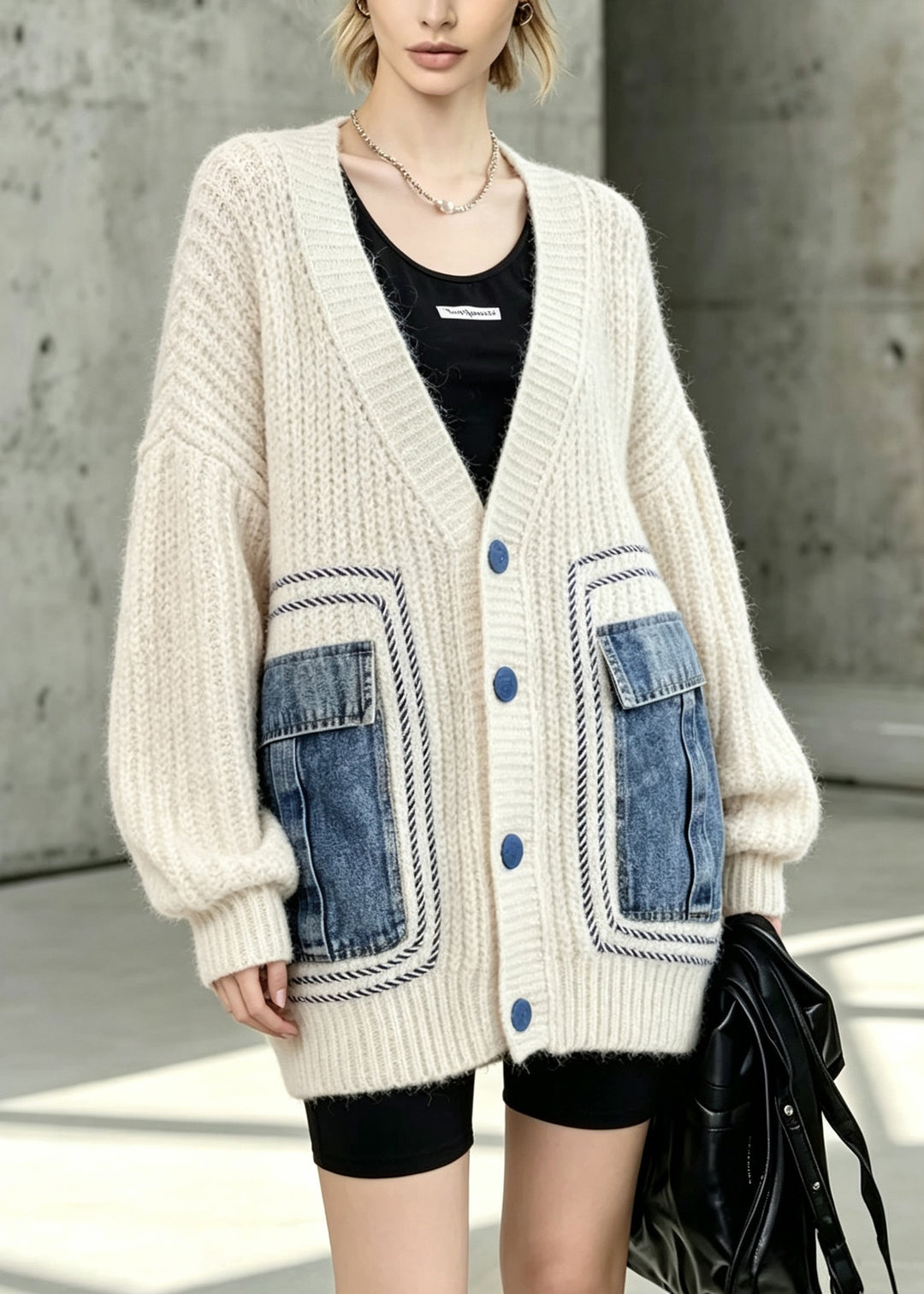 Stylish Beige V Neck Button Patchwork Knit Cardigans Fall