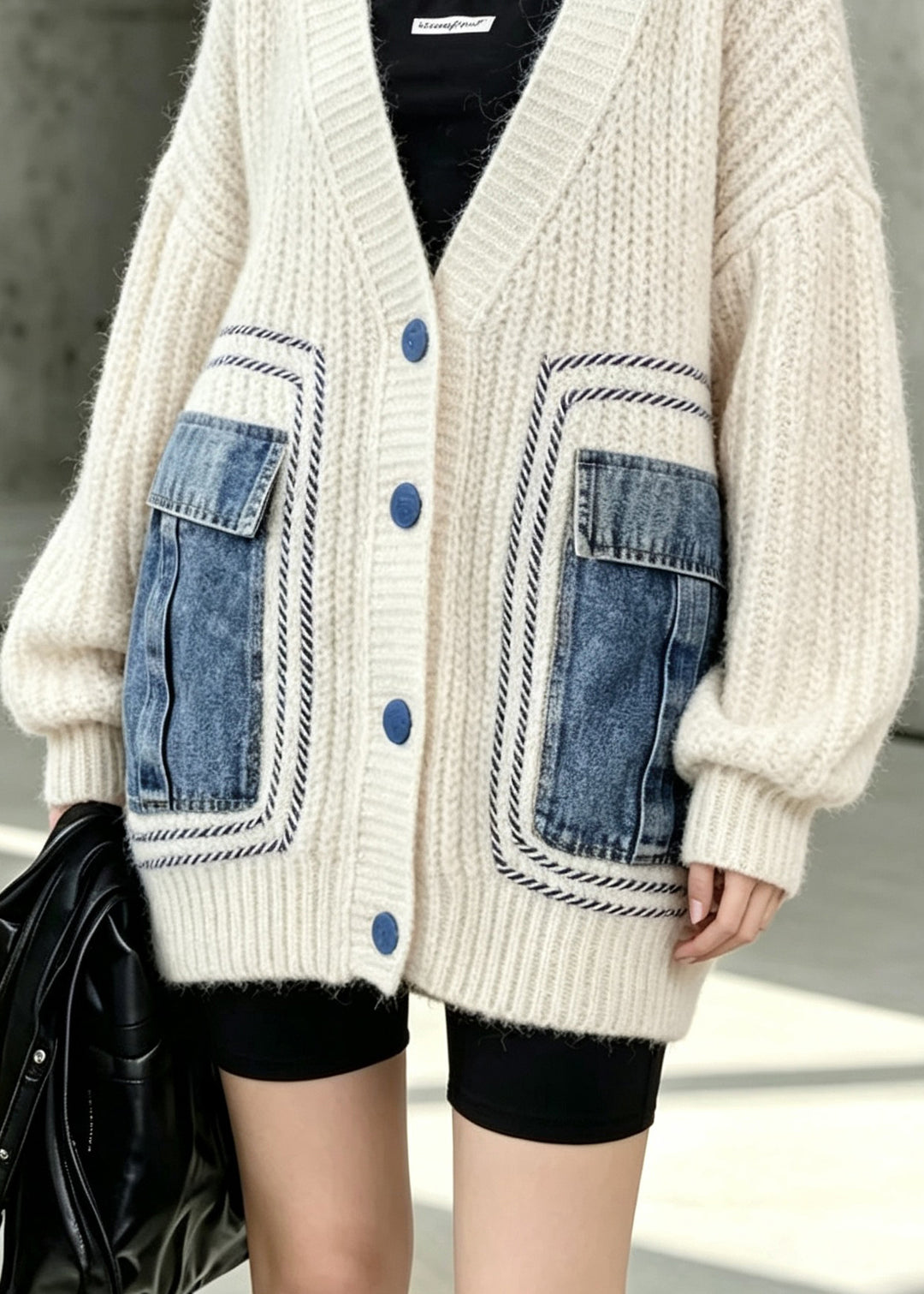 Stylish Beige V Neck Button Patchwork Knit Cardigans Fall
