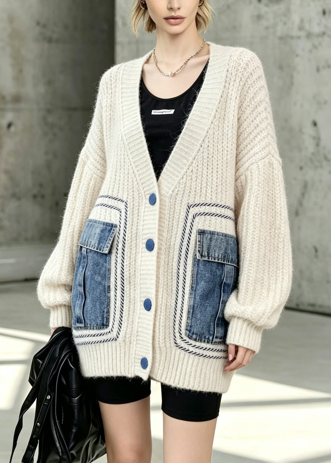 Stylish Beige V Neck Button Patchwork Knit Cardigans Fall