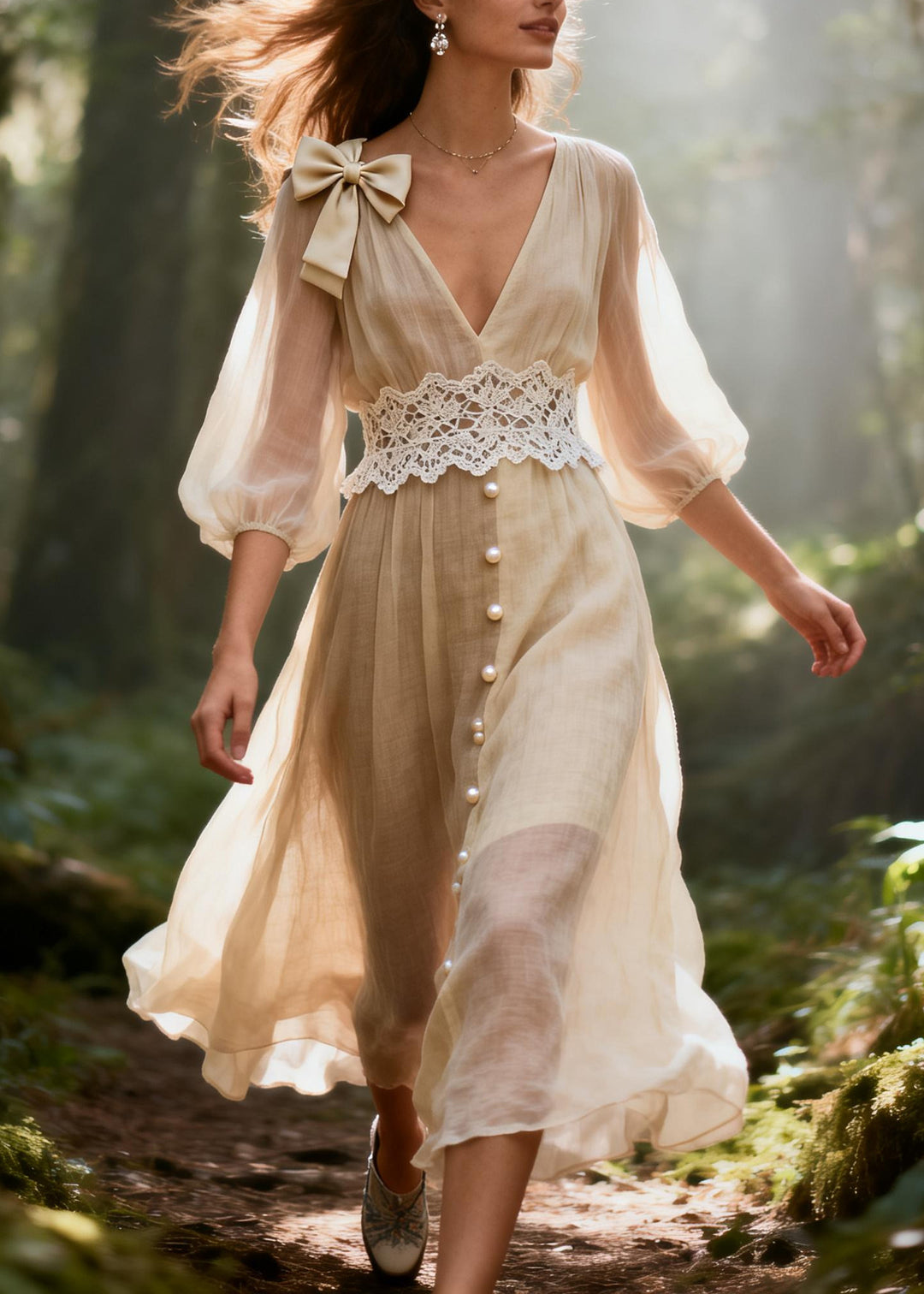 Stylish Beige V Neck Lace Patchwork Cotton Vacation Dresses Summer