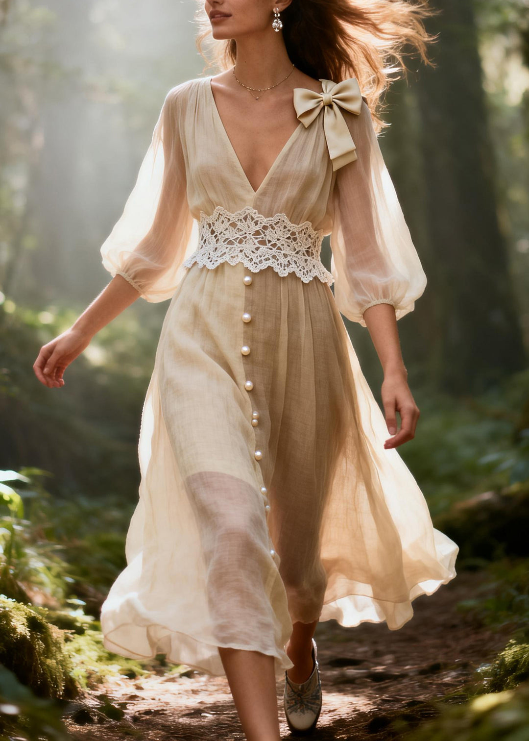 Stylish Beige V Neck Lace Patchwork Cotton Vacation Dresses Summer