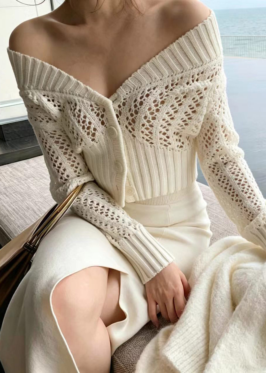 Stylish Beige White Cold Shoulder Hollow Out Knit Cardigan Fall