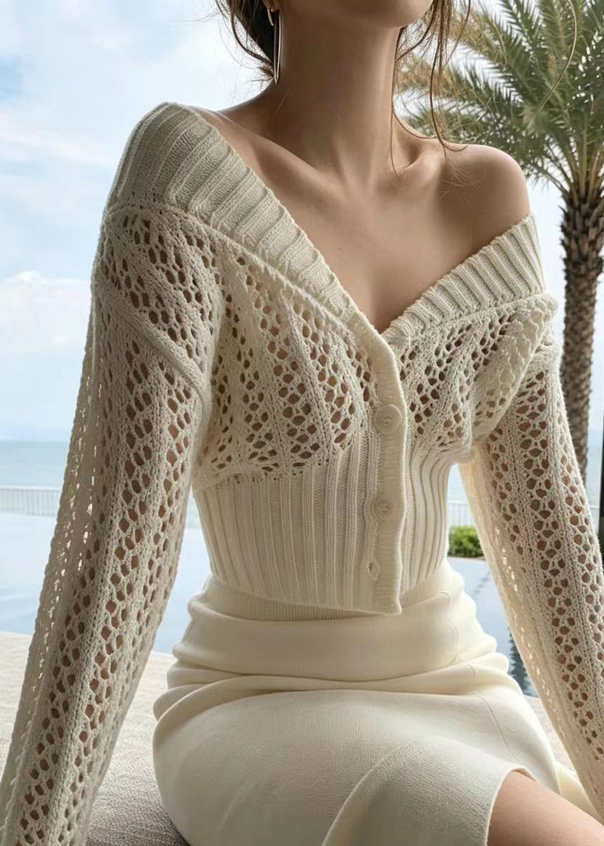 Stylish Beige White Cold Shoulder Hollow Out Knit Cardigan Fall