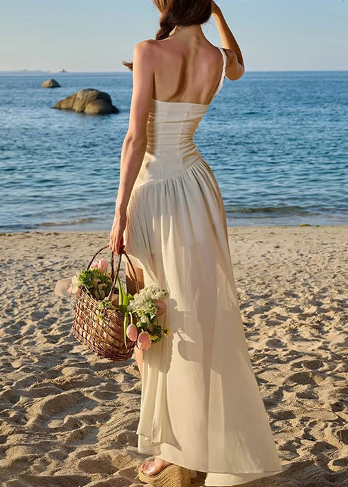 Stylish Beige Wrinkled Low High Design Chiffon Spaghetti Strap Dress Sleeveless