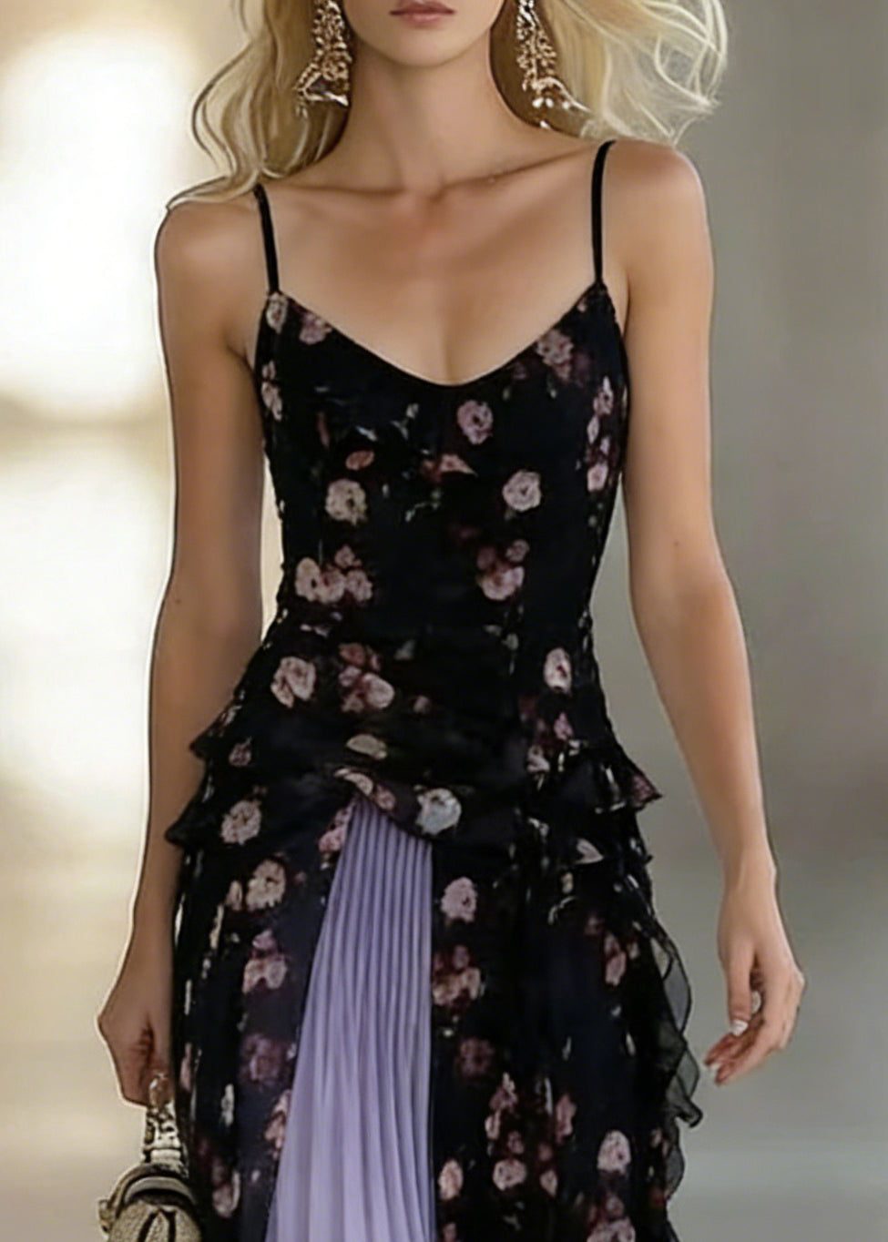 Stylish Black Asymmetrical Chiffon Spaghetti Strap Dress And Purple Pleated Skirt Two Pieces Set Sleeveless - Omychic