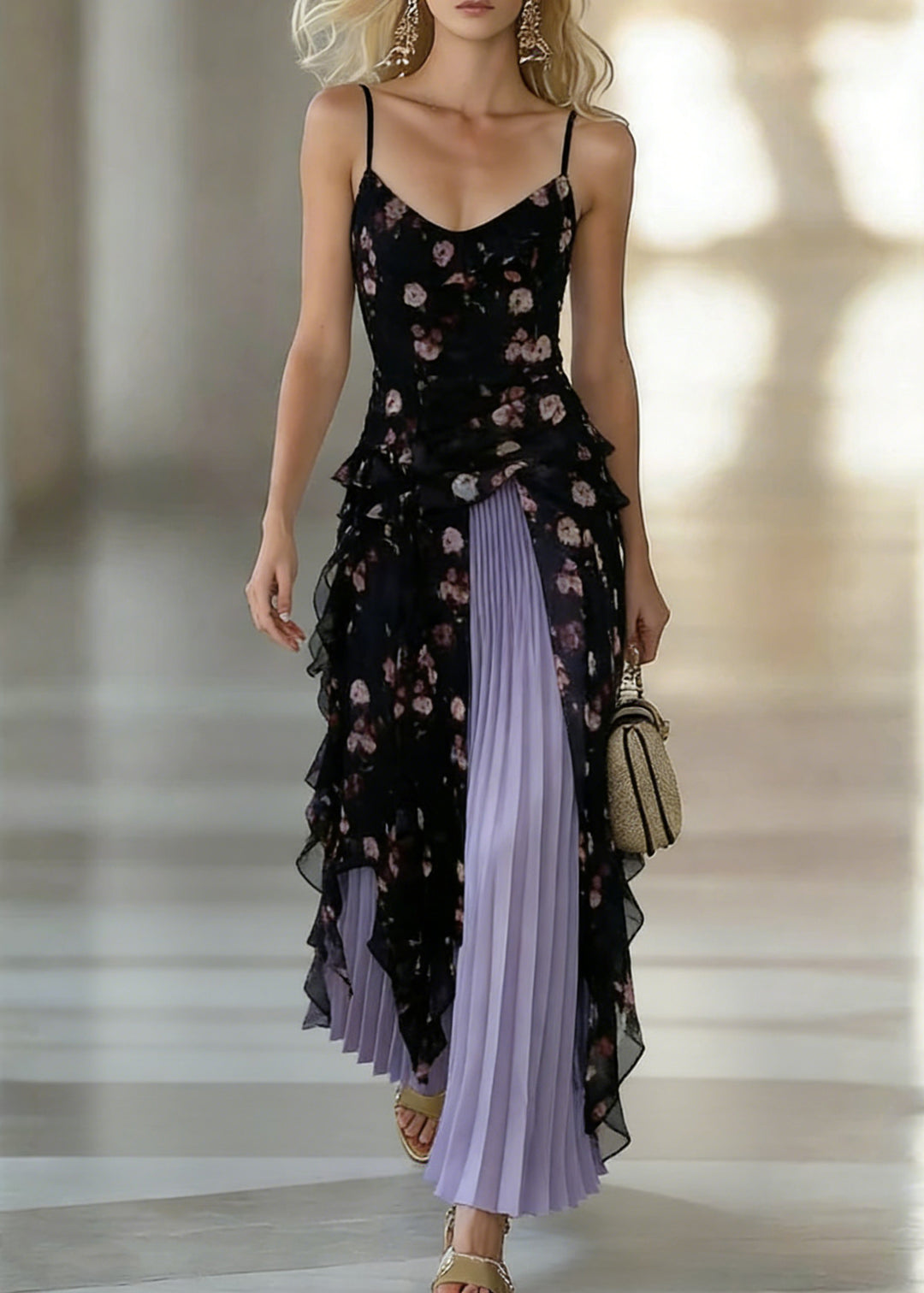 Stylish Black Asymmetrical Chiffon Spaghetti Strap Dress And Purple Pleated Skirt Two Pieces Set Sleeveless - Omychic
