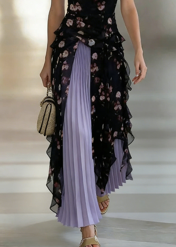 Stylish Black Asymmetrical Chiffon Spaghetti Strap Dress And Purple Pleated Skirt Two Pieces Set Sleeveless - Omychic