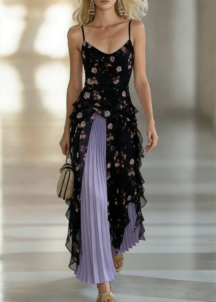 Stylish Black Asymmetrical Chiffon Spaghetti Strap Dress And Purple Pleated Skirt Two Pieces Set Sleeveless - Omychic