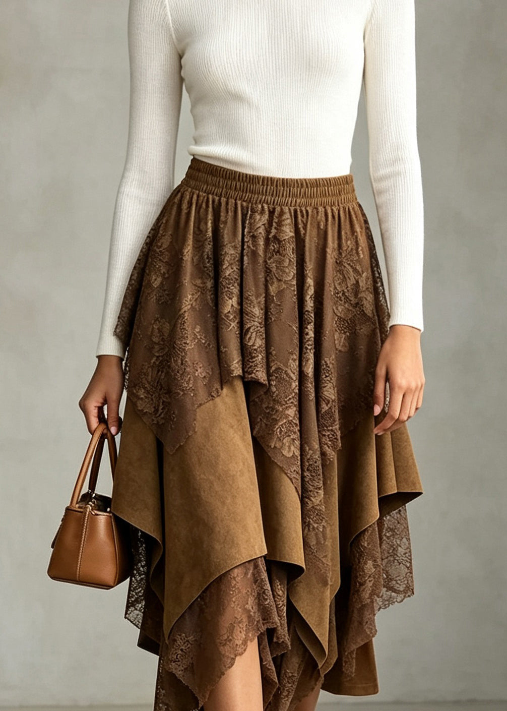 Stylish Black Asymmetrical Elastic Waist Lace Skirts Fall
