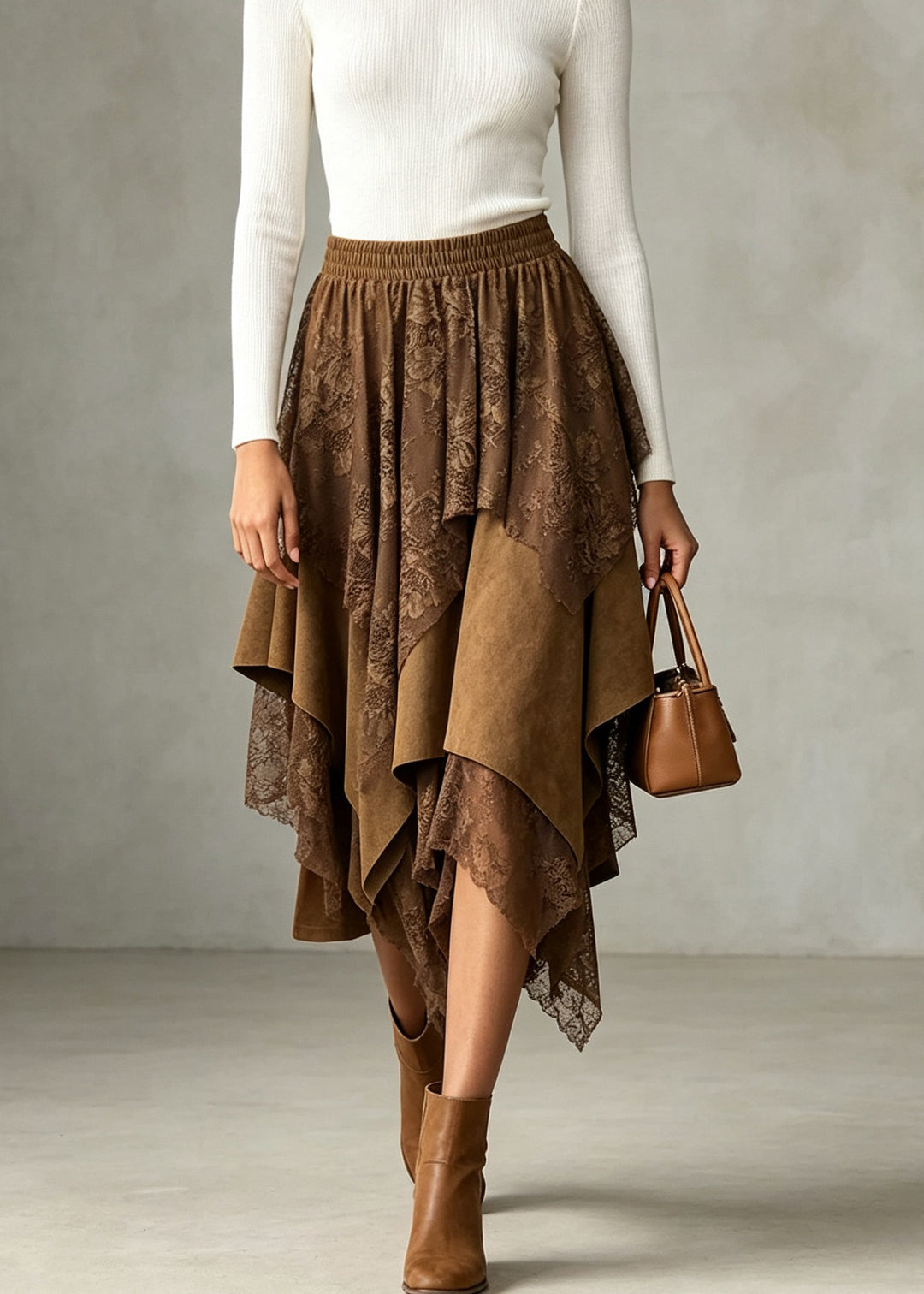 Stylish Black Asymmetrical Elastic Waist Lace Skirts Fall