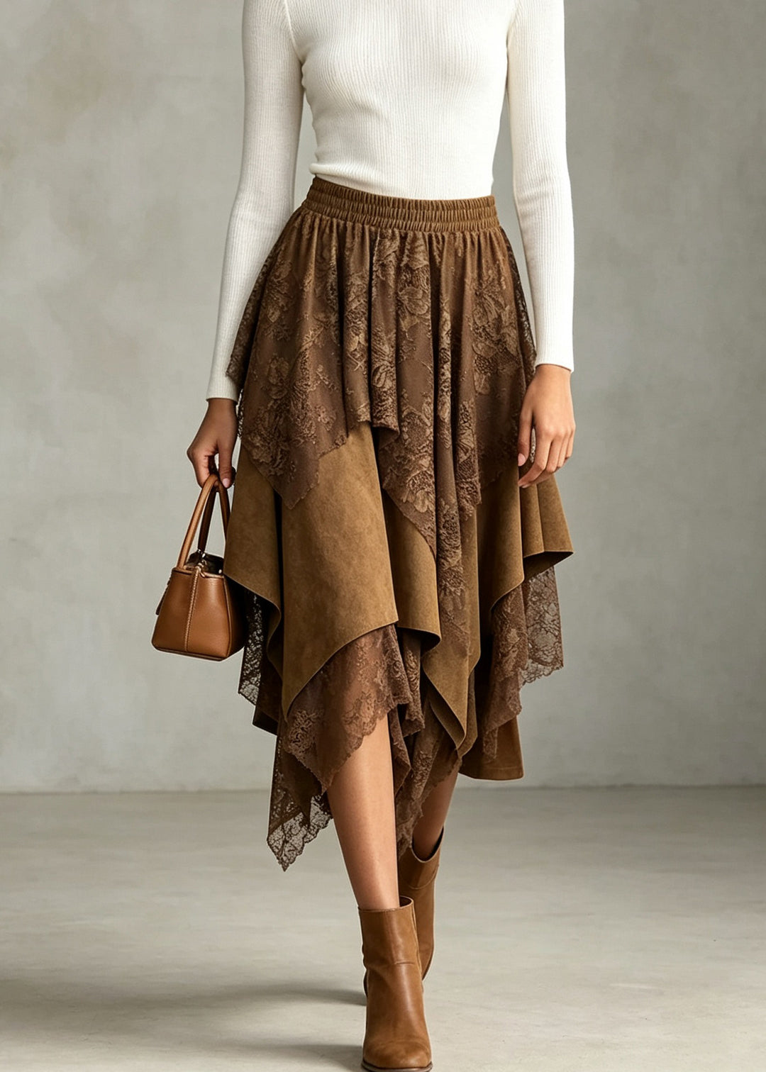 Stylish Black Asymmetrical Elastic Waist Lace Skirts Fall