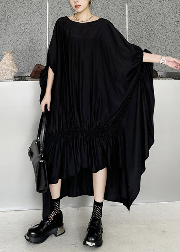 Stylish Black Asymmetrical Patchwork Cotton Dress Batwing Sleeve