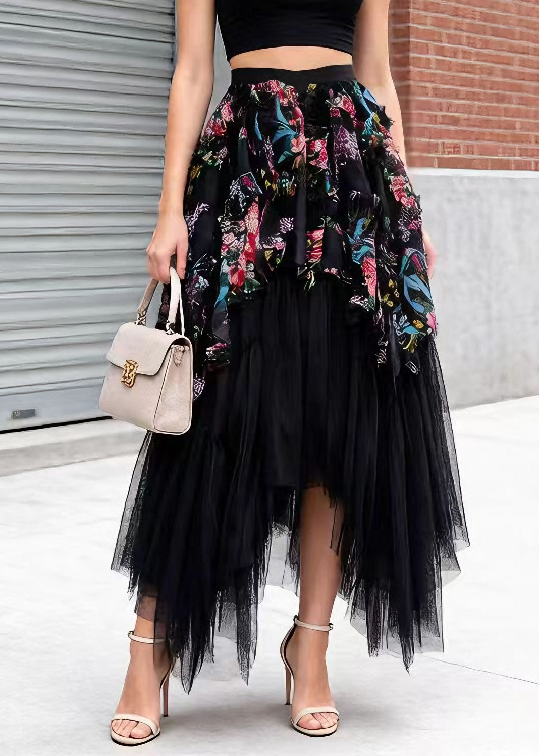 Stylish Black Asymmetrical Patchwork Tulle Skirt Spring - Omychic
