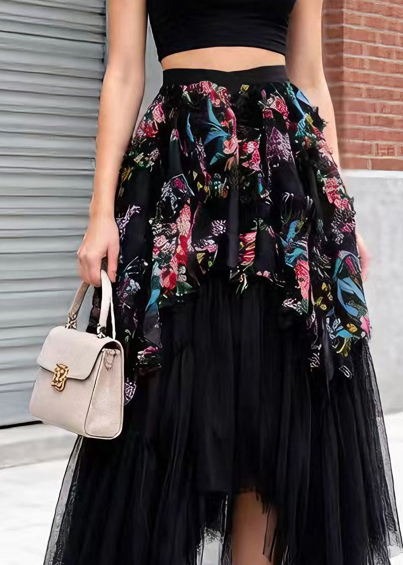 Stylish Black Asymmetrical Patchwork Tulle Skirt Spring - Omychic
