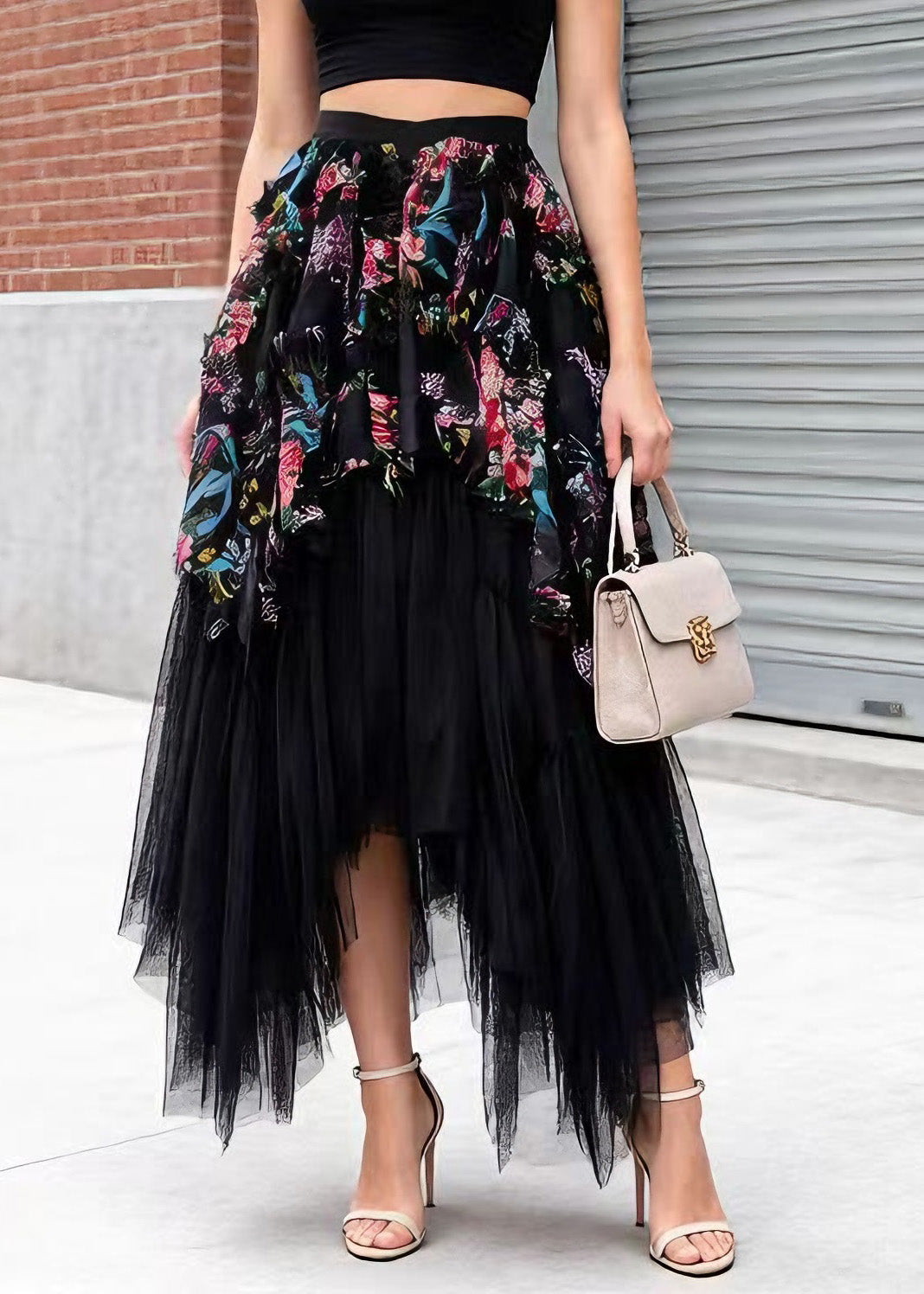 Stylish Black Asymmetrical Patchwork Tulle Skirt Spring - Omychic