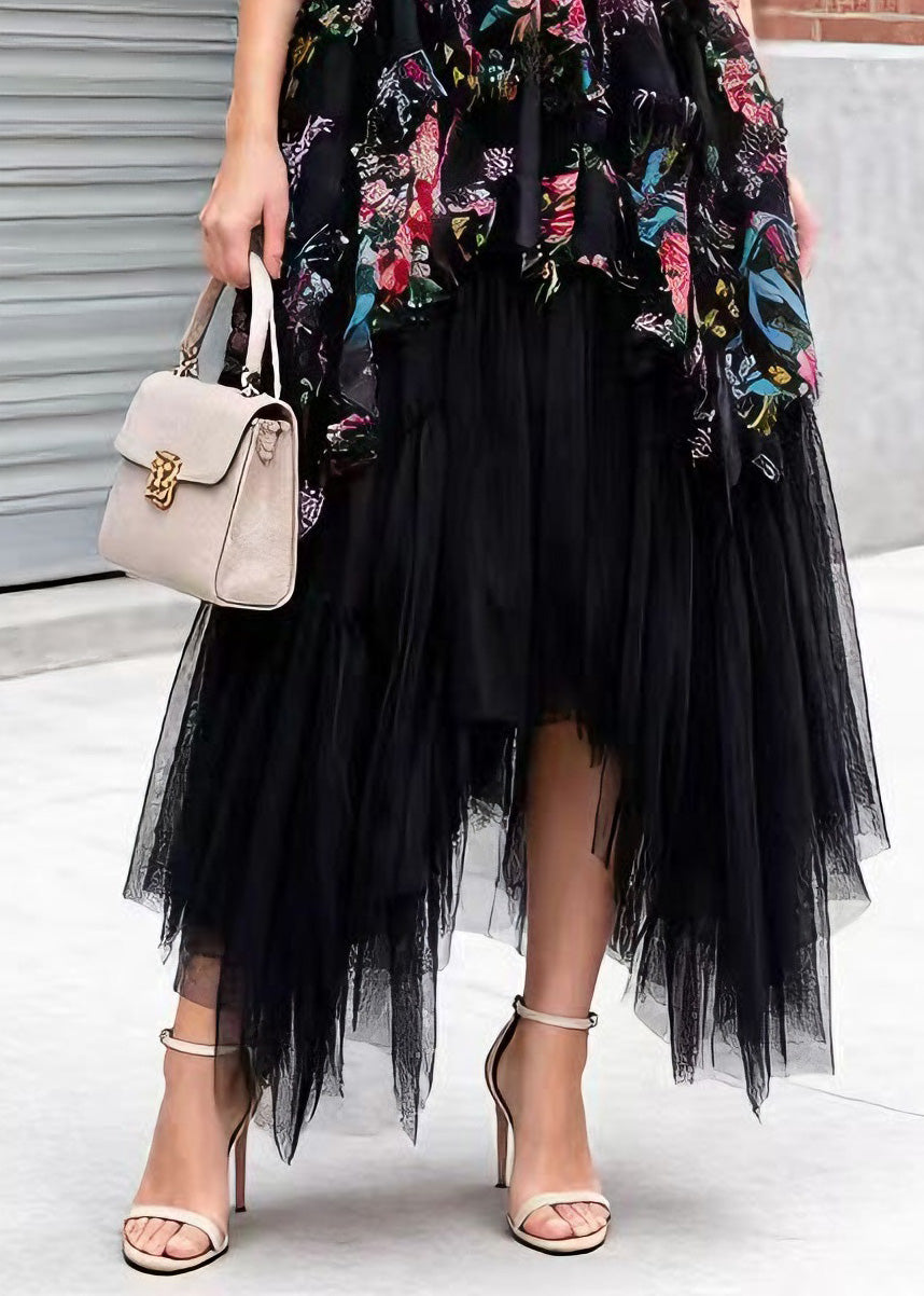 Stylish Black Asymmetrical Patchwork Tulle Skirt Spring - Omychic