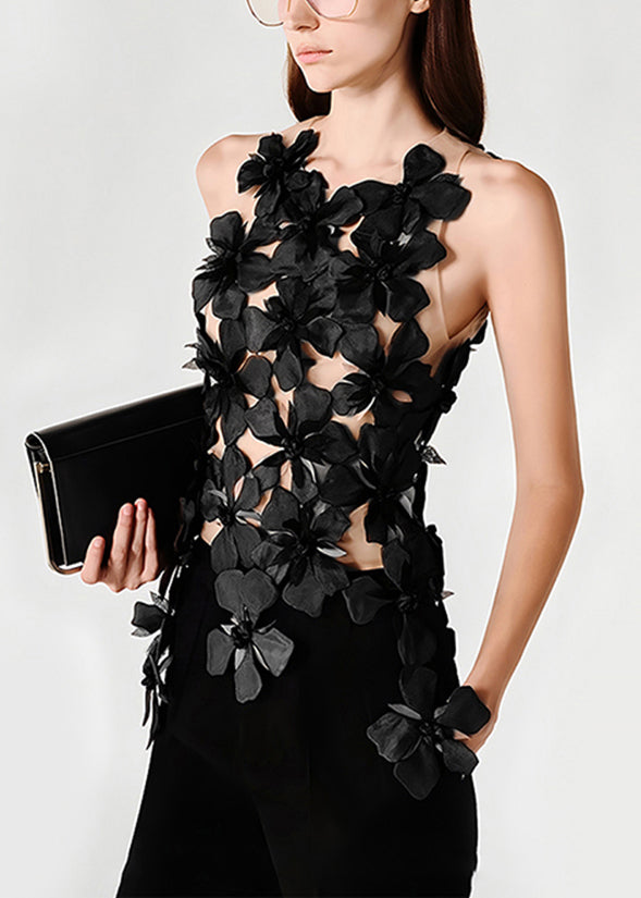 Stylish Black Asymmetrical Patchwork Tulle Tank Sleeveless
