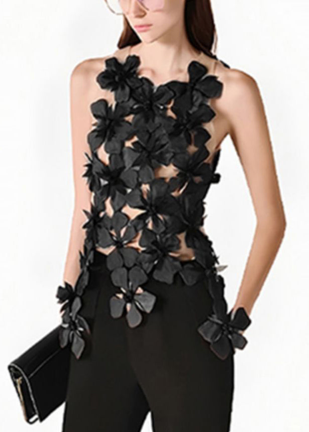 Stylish Black Asymmetrical Patchwork Tulle Tank Sleeveless