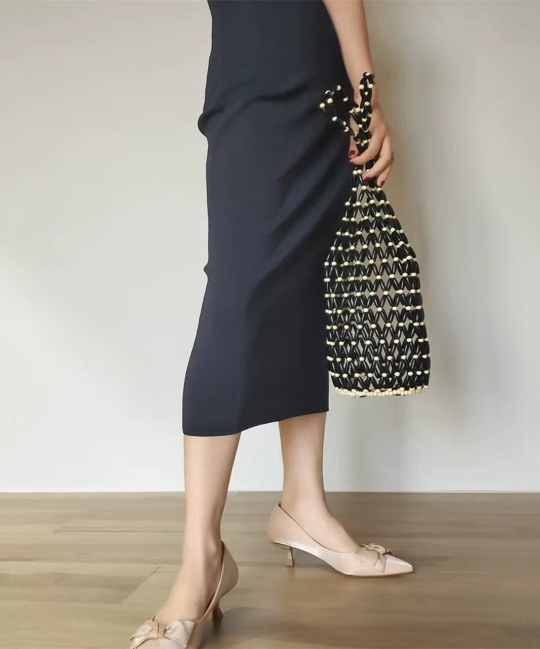 Stylish Black Beaded Woven Cut Out Shoulder Bag