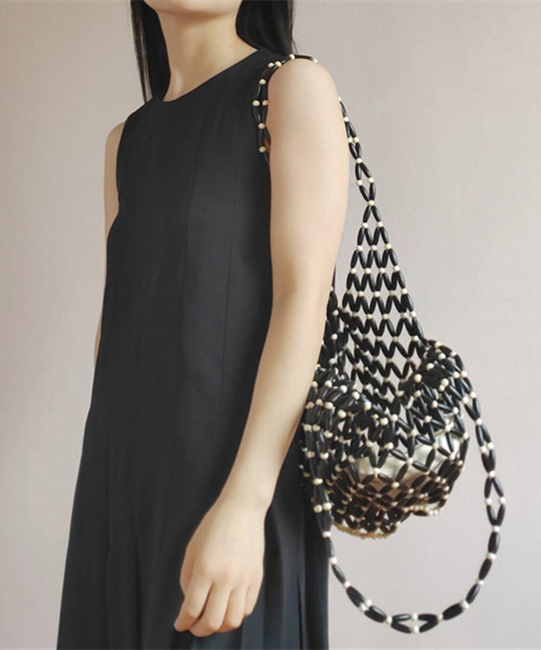Stylish Black Beaded Woven Cut Out Shoulder Bag