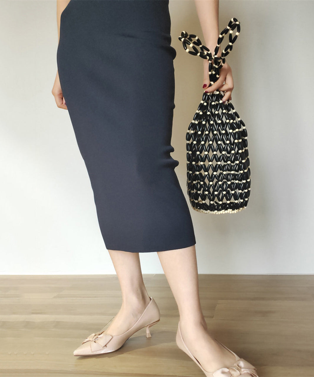 Stylish Black Beaded Woven Cut Out Shoulder Bag