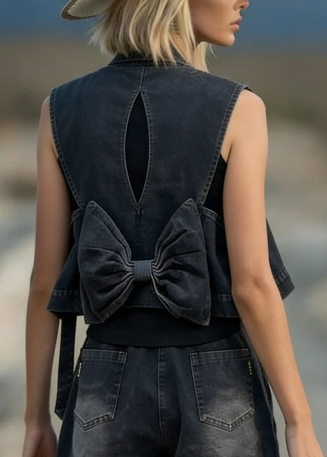 Stylish Black Bow Vest And Shorts Denim Two Pieces Set Summer