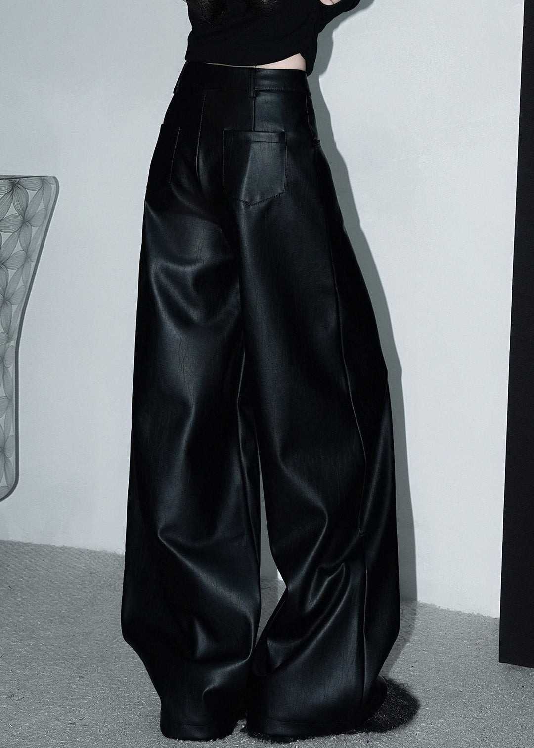 Stylish Black Button Pockets Faux Leather Wide Leg Pants Spring