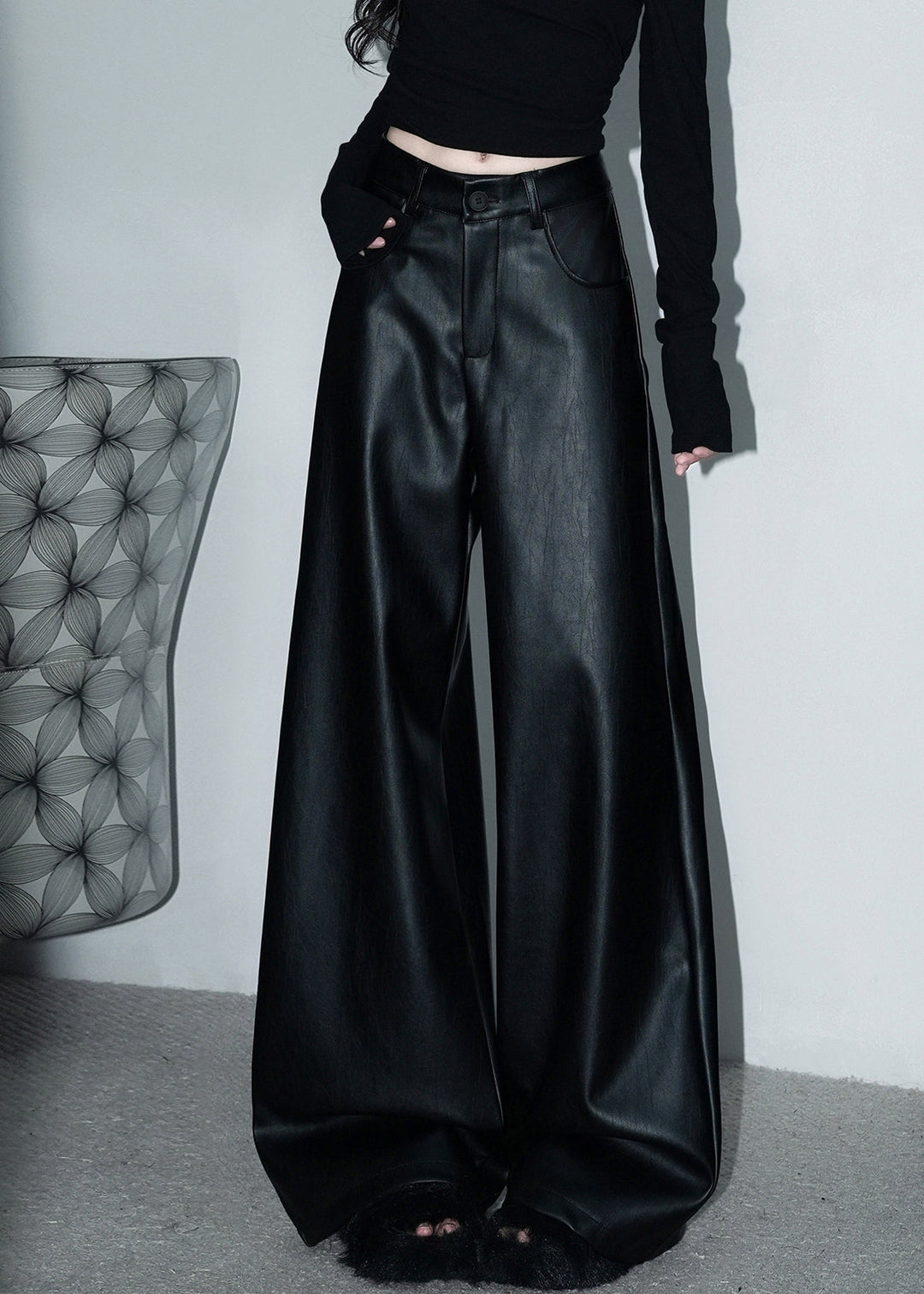 Stylish Black Button Pockets Faux Leather Wide Leg Pants Spring