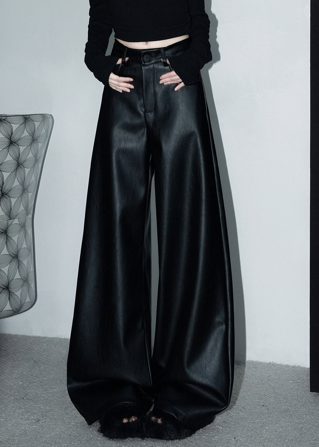 Stylish Black Button Pockets Faux Leather Wide Leg Pants Spring