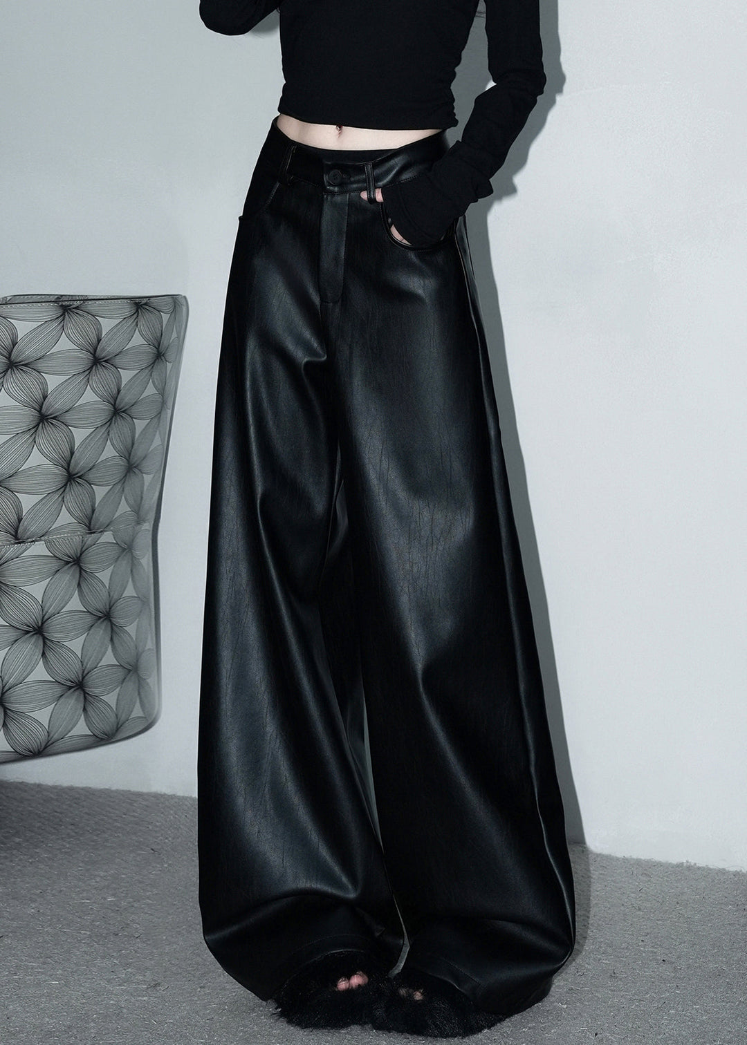 Stylish Black Button Pockets Faux Leather Wide Leg Pants Spring