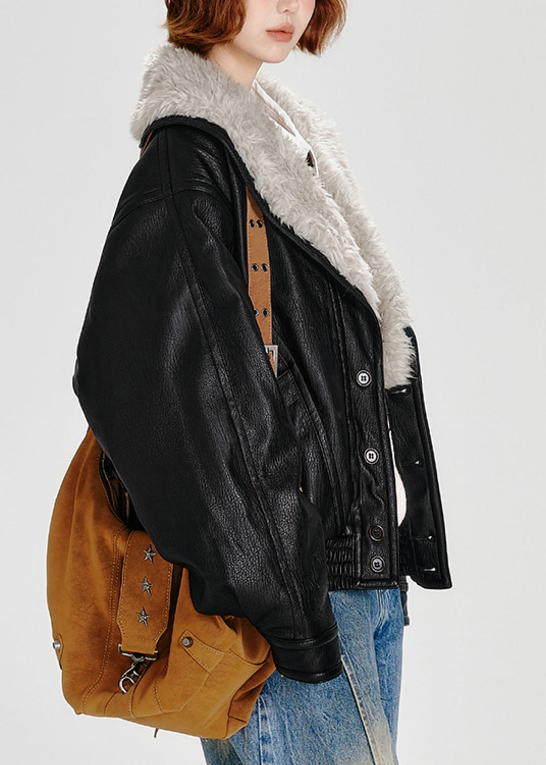 Stylish Black Faux Fur Collar Fine Cotton Filled Faux Leather Coats Winter