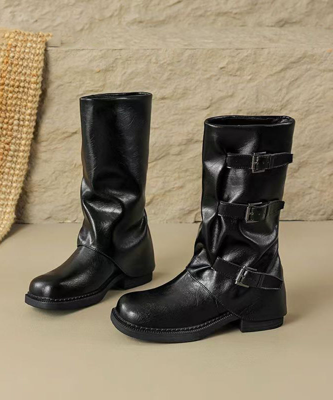 Stylish Black Faux Leather Splicing Chunky Boots