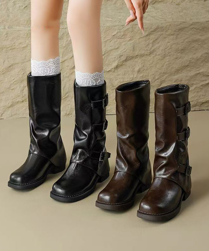 Stylish Black Faux Leather Splicing Chunky Boots