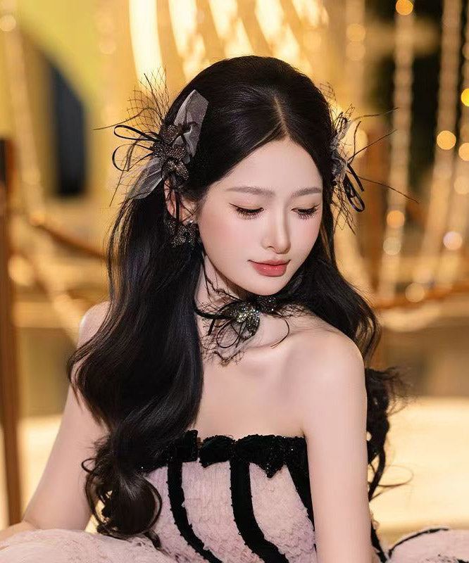 Stylish Black Feather Tulle Tassel A Pair Hairpin