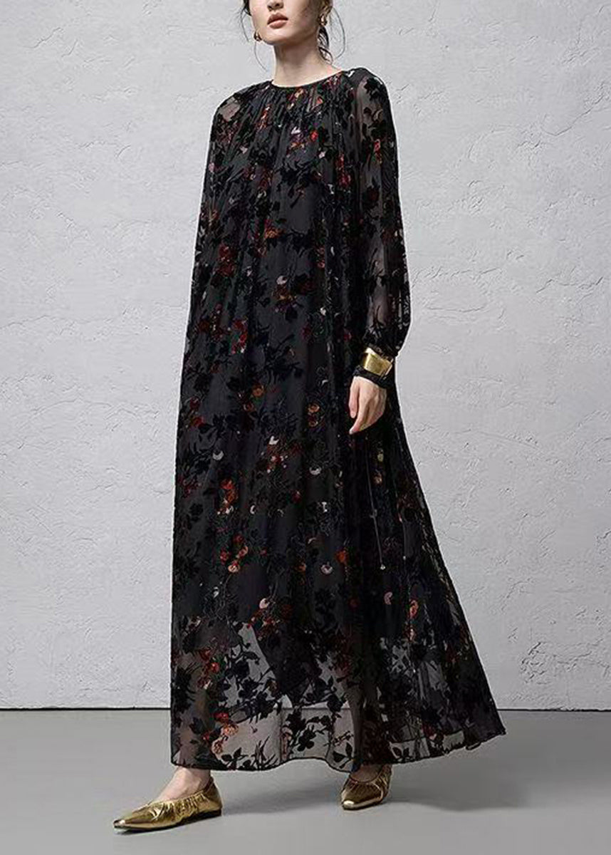 Stylish Black Flocked Jacquard Dress Two Pieces Set Long Sleeve