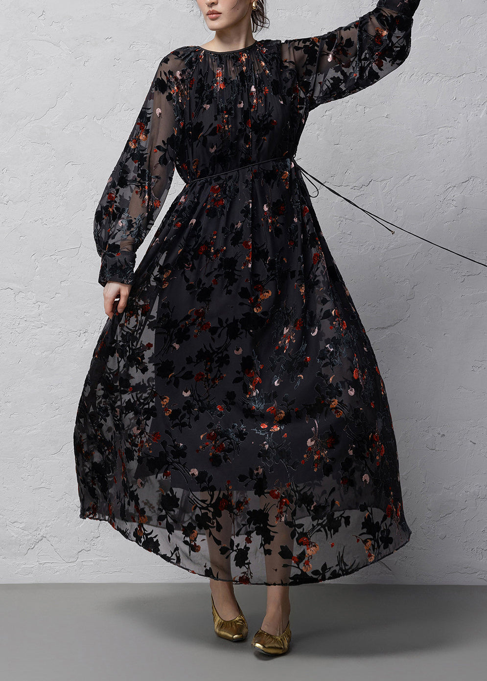 Stylish Black Flocked Jacquard Dress Two Pieces Set Long Sleeve