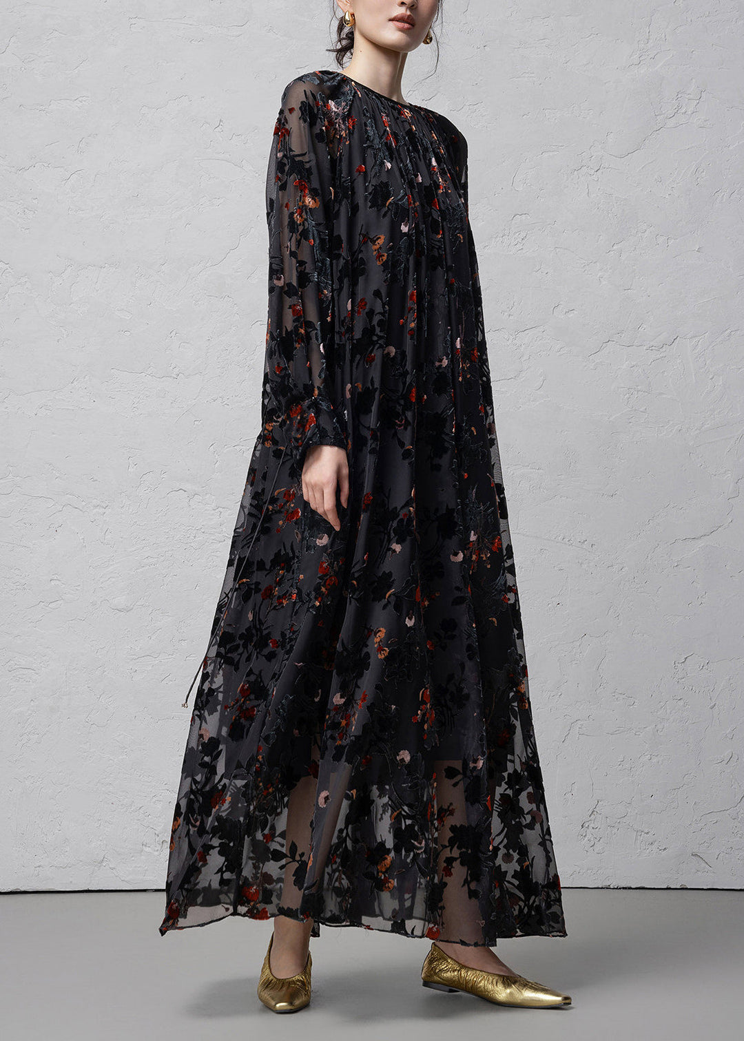 Stylish Black Flocked Jacquard Dress Two Pieces Set Long Sleeve
