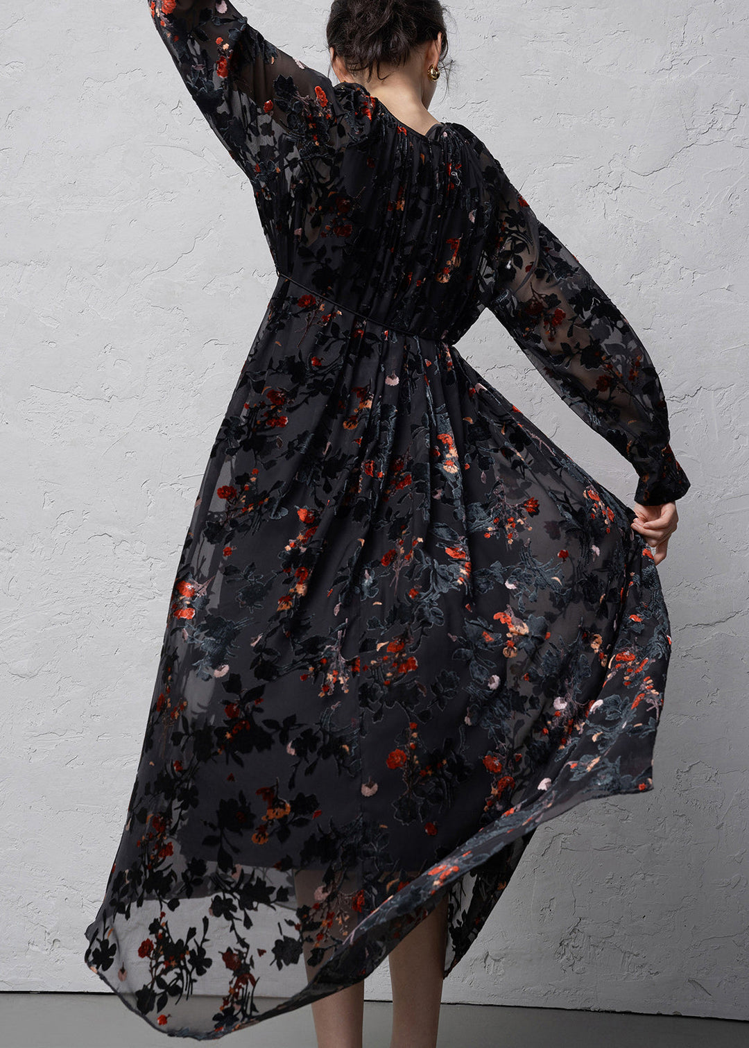 Stylish Black Flocked Jacquard Dress Two Pieces Set Long Sleeve