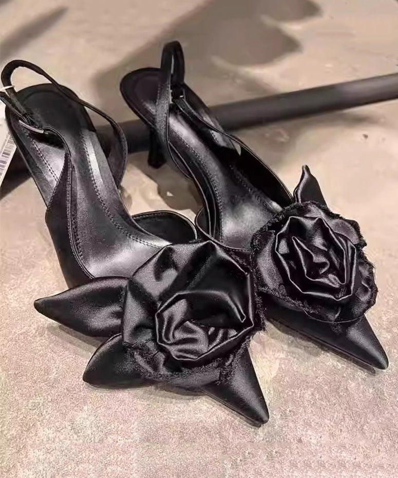 Stylish Black Floral Splicing High Heel Sandals Pointed Toe