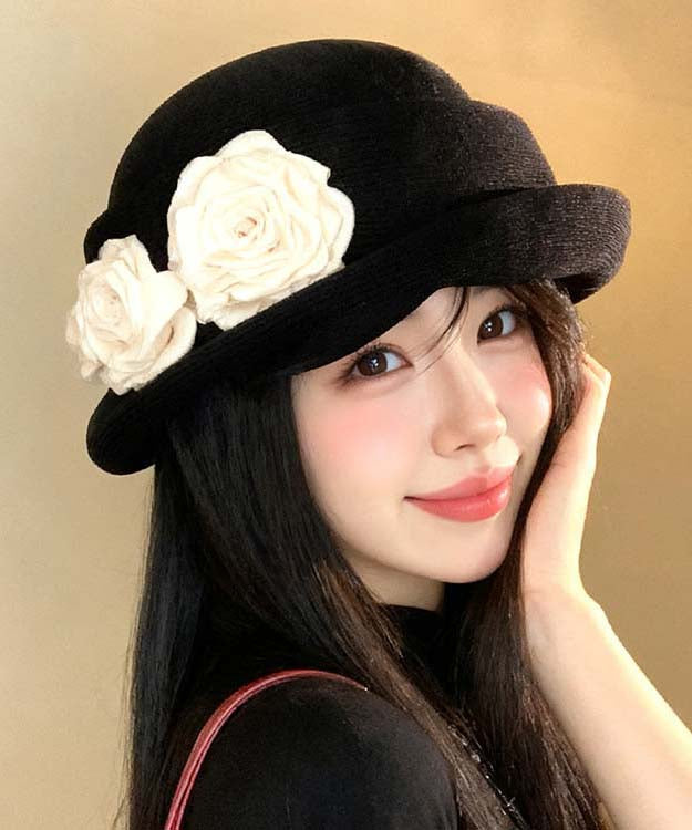 Stylish Black Floral Versatile Knit Beret Hat