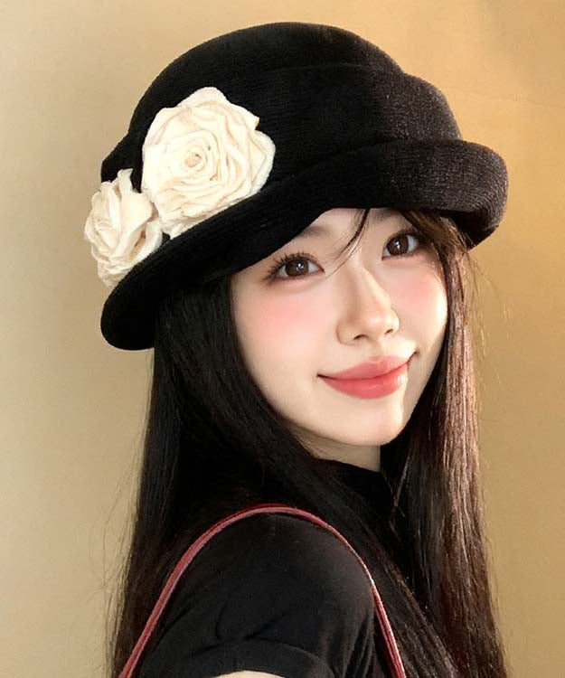 Stylish Black Floral Versatile Knit Beret Hat