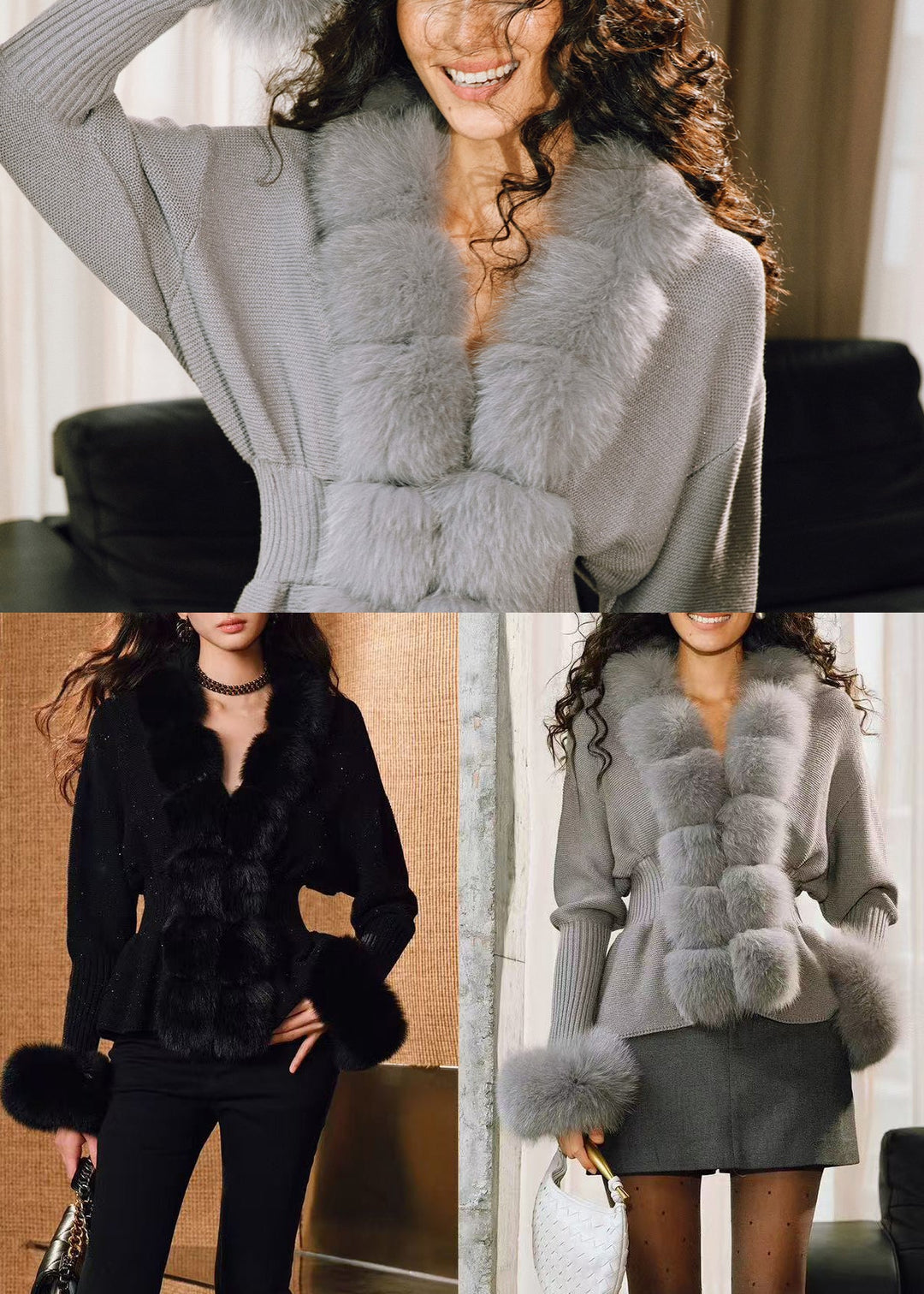 Stylish Black Fox Fur Patchwork Wool Knit Cardigan Winter