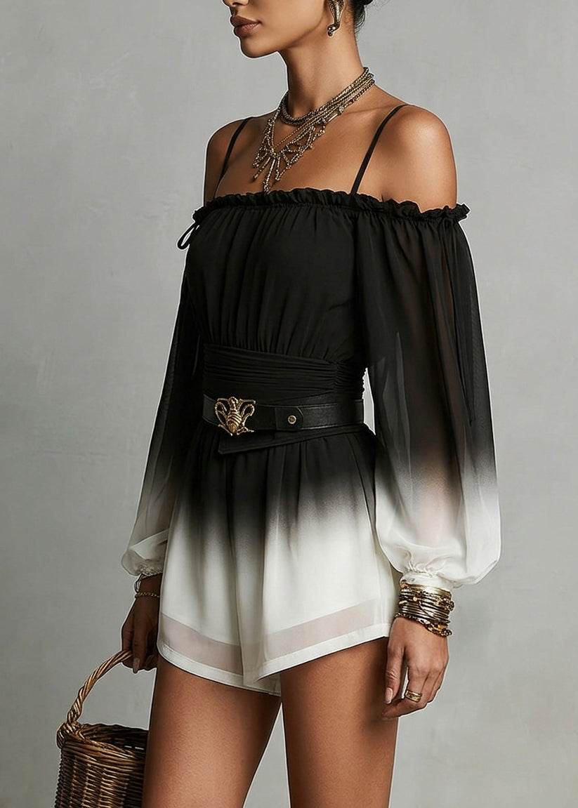 Stylish Black Gradient Cold Shoulder Patchwork Chiffon Dress Summer