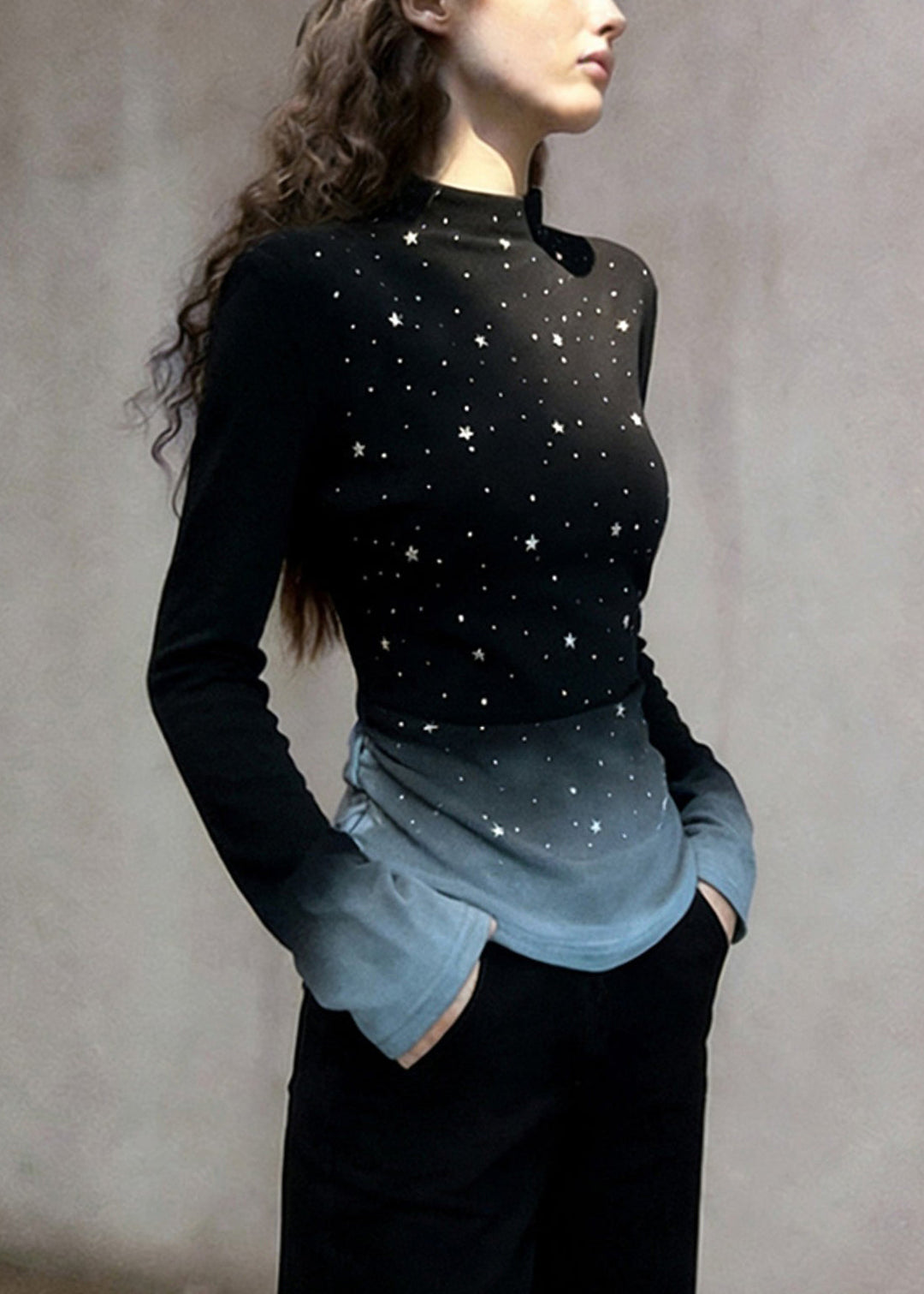 Stylish Black Gradient Color Zircon Cotton T Shirts Spring