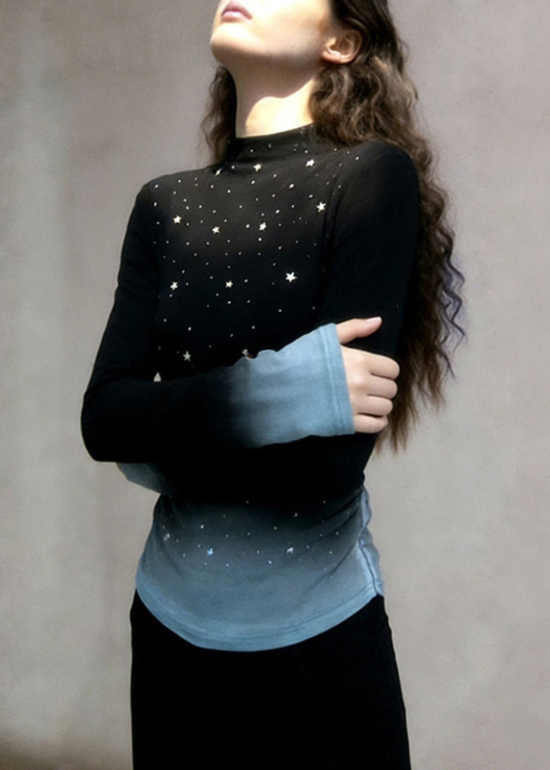 Stylish Black Gradient Color Zircon Cotton T Shirts Spring