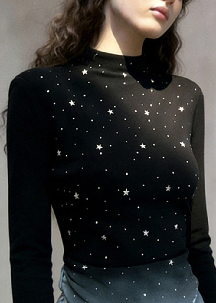 Stylish Black Gradient Color Zircon Cotton T Shirts Spring