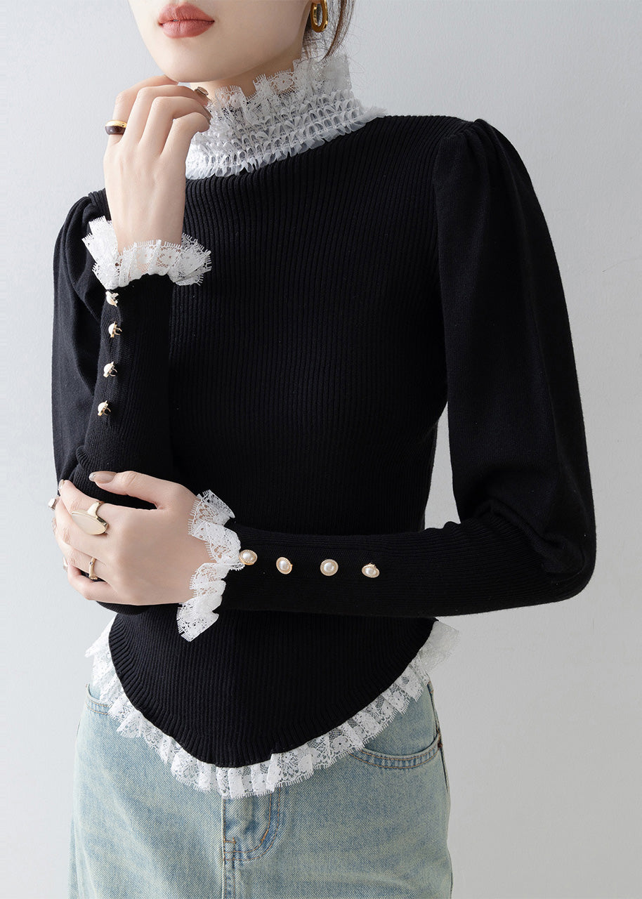 Stylish Black High Neck Lace Patchwork Knit Sweater Winter